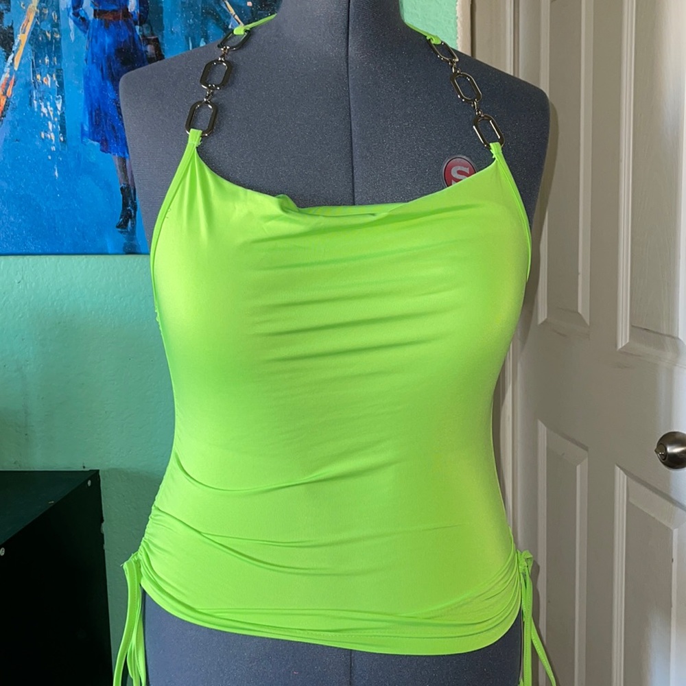 Neon green cowl halter top